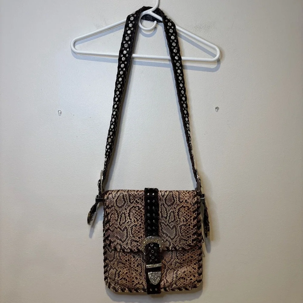 Charm‎ & Luck Genuine Leather Hobo Snakeskin Bag Rhinestone Cowgirl Festival